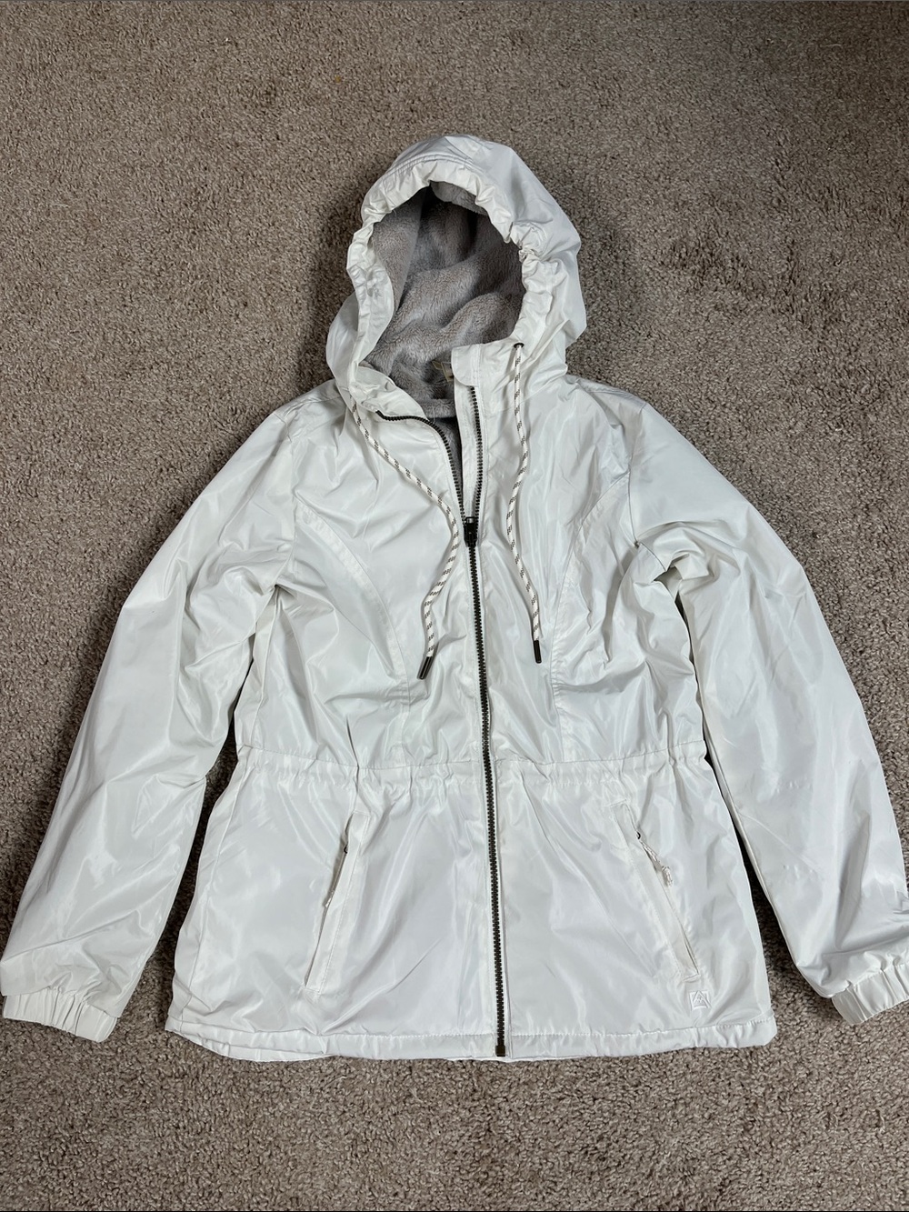 Avalanche cream Hooded Utility Jacket with Drawcord. Water resistant